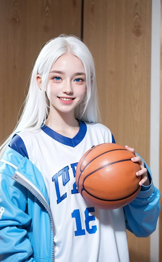 Basketball player, 16 year old girl with white hair, white skin and blue eyes, smiling