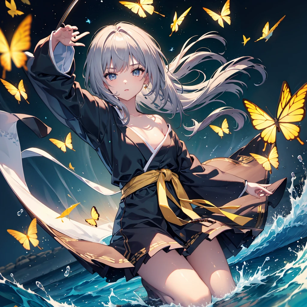 ((High resolution Gray Hair Long Hair Black kimono Black Band military commander Lonely despair)) ((Yellow butterfly night Japanese style shoulder old Shining Aura Japanese garden water surface)) (dance Blade of Darkness Japanese sword Swing down Slashing) moon star Draw your sword Slashing Catch the wind autumn