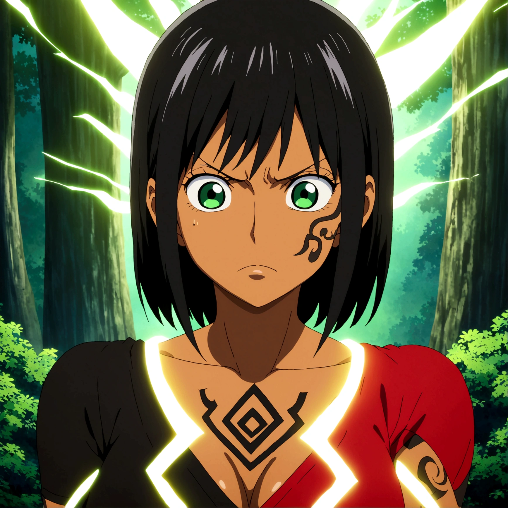 Woman, dark skin, tall, muscular and large body, long black hair, black horns, green eyes, tribal tattoos, black blouse, red jacket, serious expression, forest background, ONE PIECE inspired anime lines, bathed in drama, incredible lighting, infused with creative details, ultra-fine 2D drawing, incredible scenery, bathed in creativity, boasting anime resolution clarity, anime graphics, high octane rendering