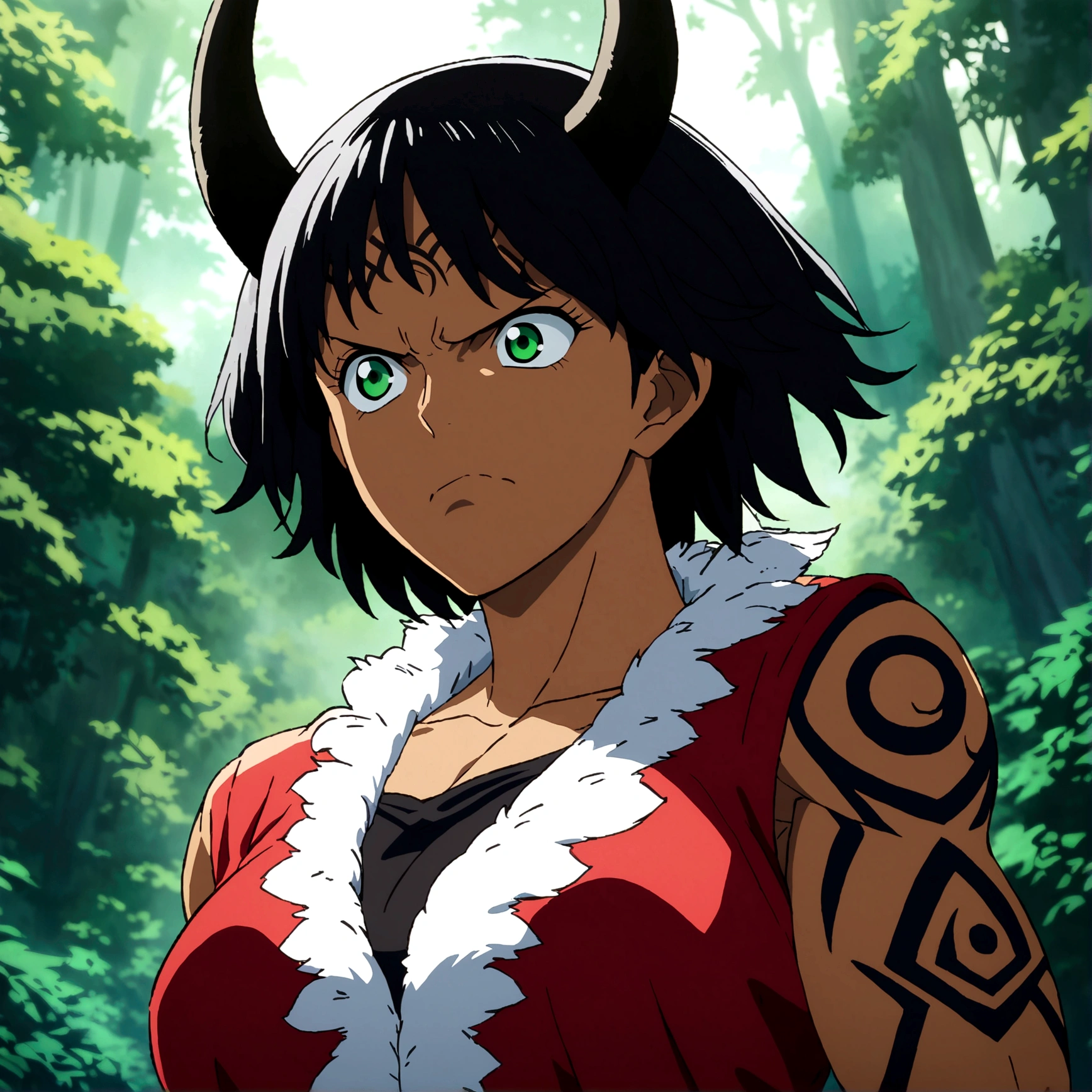 Woman, dark skin, tall, muscular and large body, long black hair, black horns, green eyes, tribal tattoos, black blouse, red jacket, serious expression, forest background, ONE PIECE inspired anime lines, bathed in drama, incredible lighting, infused with creative details, ultra-fine 2D drawing, incredible scenery, bathed in creativity, boasting anime resolution clarity, anime graphics, high octane rendering