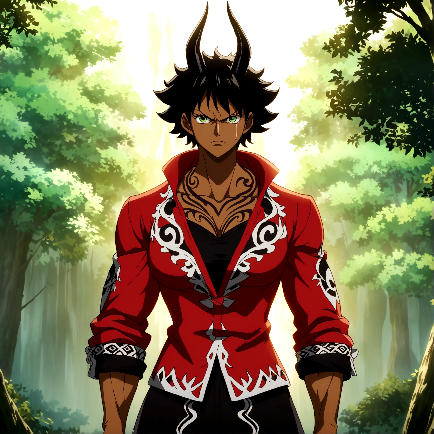 Woman, dark skin, tall, muscular and large body, long black hair, black horns, green eyes, tribal tattoos, black blouse, red jacket, serious expression, forest background, ONE PIECE inspired anime lines, bathed in drama, incredible lighting, infused with creative details, ultra-fine 2D drawing, incredible scenery, bathed in creativity, boasting anime resolution clarity, anime graphics, high octane rendering