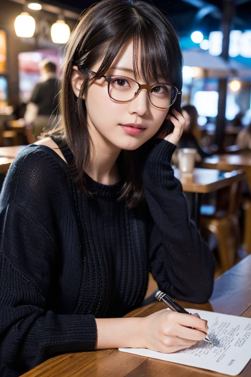 (8K、Raw photography、top-quality、​masterpiece:1.2)、(realisitic、Photorealsitic:1.37)、超A high resolution、1 girl、beautifull detailed face、
Cafe Terrace、Wearing glasses、Dynamic Angles、Cool knitwear、Medium hair with half up、Brown Hair、22 years old、Fountain pen in hand