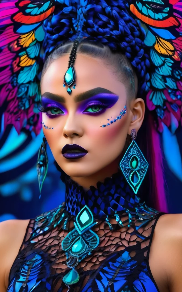 (best quality, 4K, 8K, high-resolution, masterpiece), ultra-detailed, photorealistic, striking young woman, bold Neo-Gothic makeup, bold Neo-Gothic hair, vibrant Pop Art inspired outfit, intricate facial designs, modern fashion, high fashion, vibrant colors, digital art