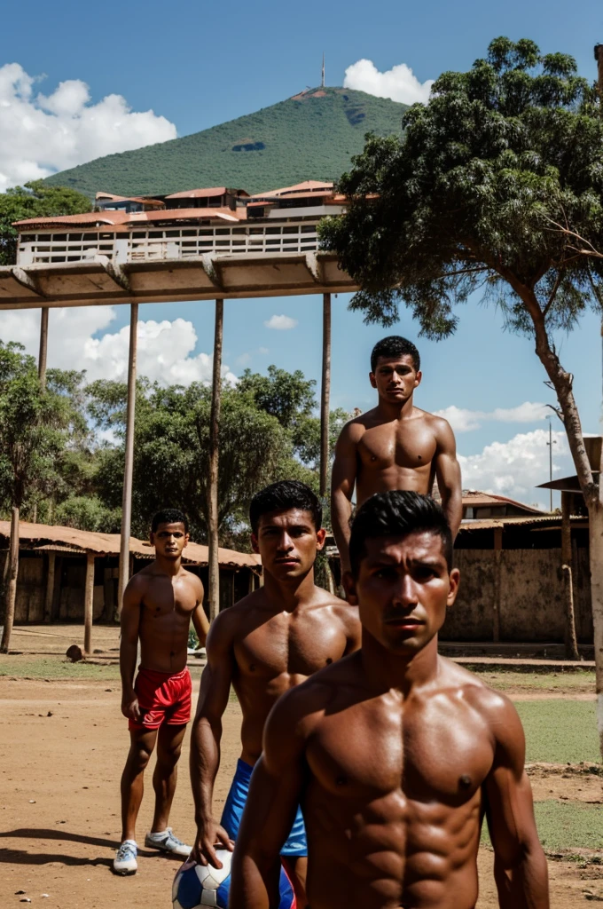 A football stadium in the background, a muscular Costa Rican peasant, in front of a Paraguayan peasant, in the middle a ball with a face of fear