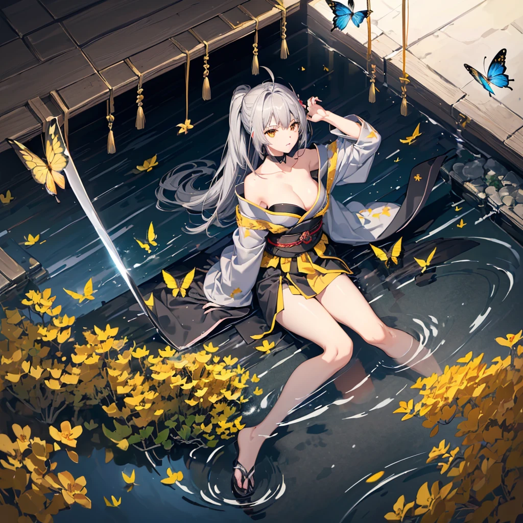 ((High resolution Gray Hair Long Hair Black kimono Black Band military commander Lonely despair)) ((Yellow butterfly night Japanese style shoulder old Shining Aura garden water surface)) (dance Blade of Darkness Japanese sword Swing down Slashing) moon star Draw your sword Slashing Catch the wind autumn