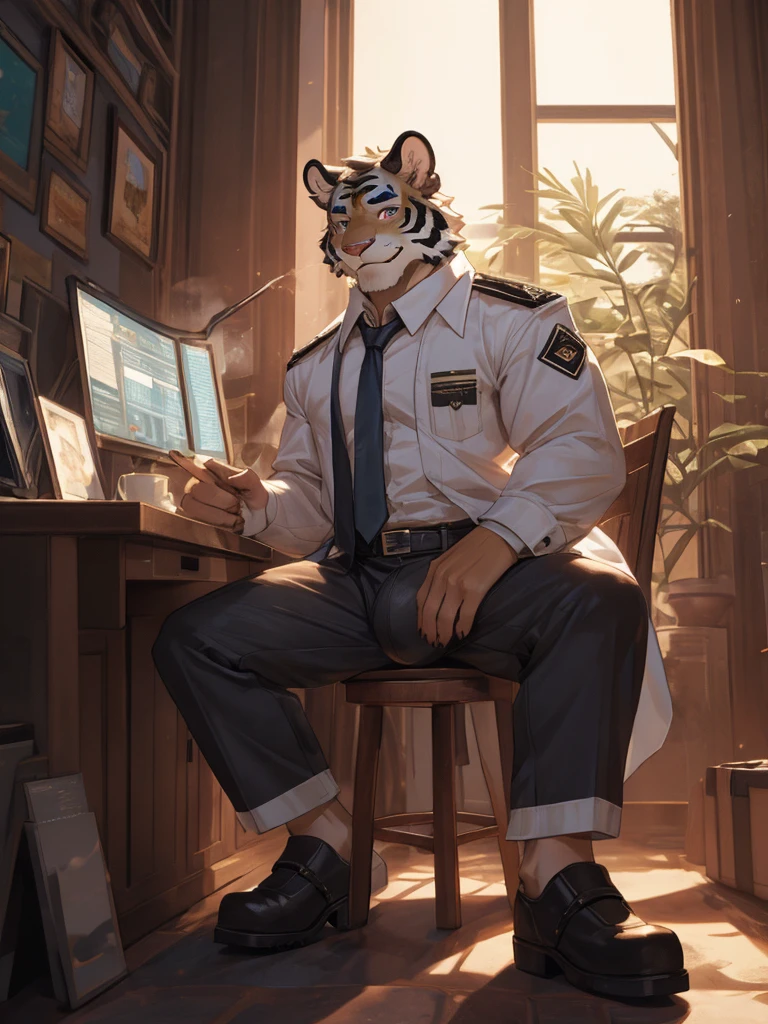 {{bara extremely handsome white tiger,}} {{white fur,}} white, wearing military like purple trench coat, purple trousers, white dress shirt and necktie, white fluffy furry body and limbs, loafers, very tall, very broad shoulders, narrow waist, muscular arms, massive pecs, purple eyes, very long legs, sitting on swivel chair with legs spread, massive bulge, reading file, sophisticated hot look, full body, sunlight casting over, 3/4 view, best quality, high quality, silver earring on left ear, sultry smirk