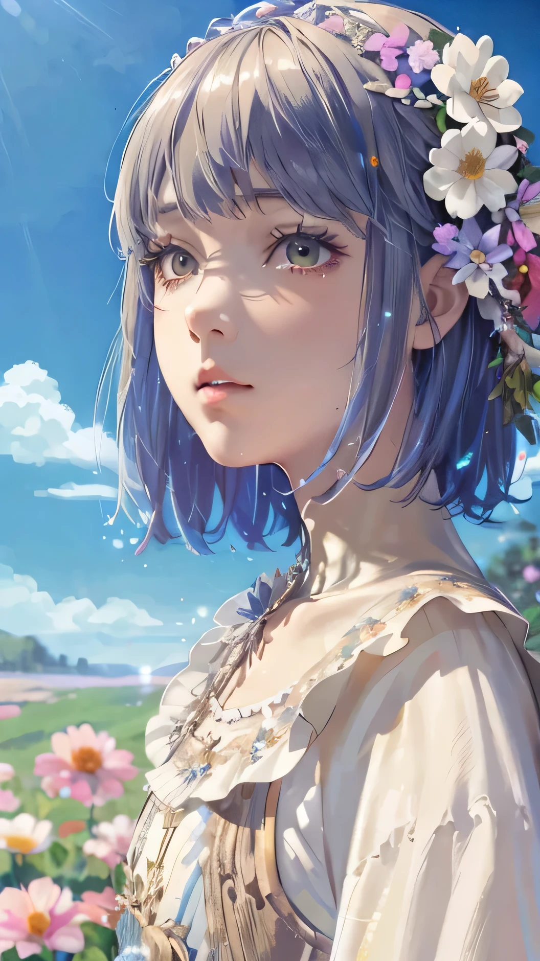 Front Focus, Rainbow paint splashes、A woman wearing a natural cotton dress, ファンタジーart, Photographic realism, Soft Lighting, art, Poster, Shining Lights, Highly detailed face, 4K, Artistic design、Flower Hair Ornaments、Cel drawing 2D illustration style、Bob Short Hair, Beige hair、The background is blue sky, Gentle sagging eyes