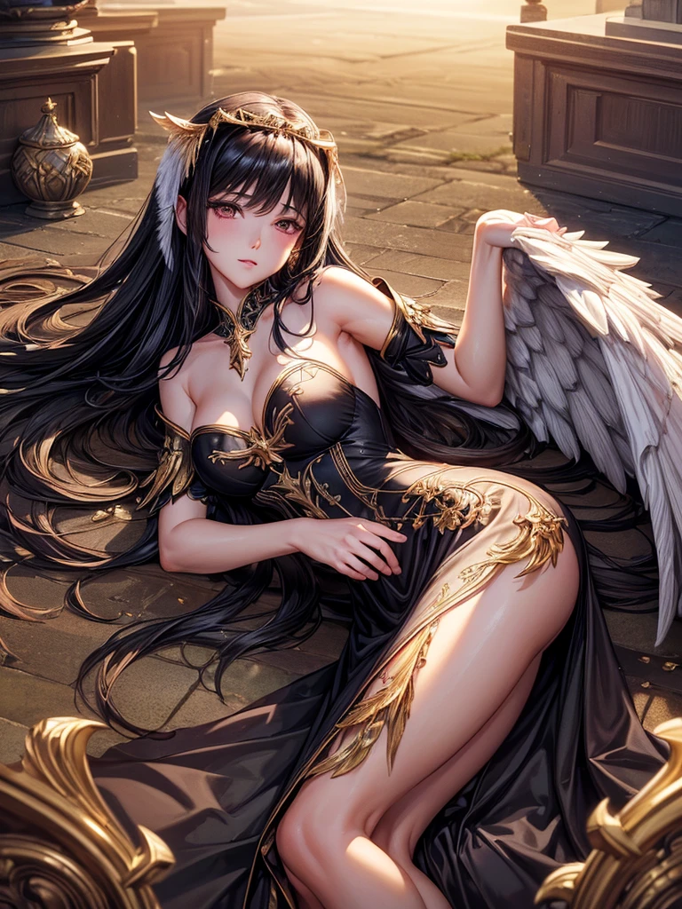 ((best quality)),(Ultra-high resolution),(Super detailed),(Detailed description),((Best CG))(Fantasy art with precise details:1.5), Black Hair,European classical long dress,(1 Female Angel:1.6),Angel Wings,side,Injuried,Blood,Fall,Serious expression