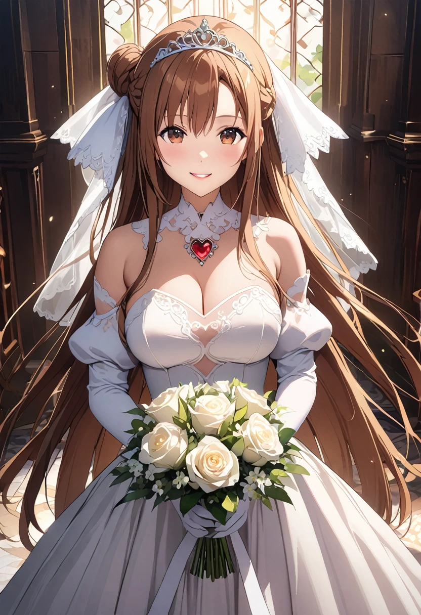 Highest quality、Super detailed、High resolution illustrations、Ultra-high-definition CG、８k size wallpaper、Production Art、Light novel illustrations、（１People Girls)、asuna yuuki, long hair, bangs, brown hair, brown eyes, bare shoulders, detached sleeves, white dress, Crimson Lipstick、A smile full of happiness、Puff sleeves、bridal bun、Bridal Veil、tiara、Cleavage cutouts、Red brooch、Wedding dress、White Dress、White Gloves、Long skirt、White Stockings、White stiletto heels、Holding a bouquet in both hands、Full Body、hyperrealistic、(spoken heart)