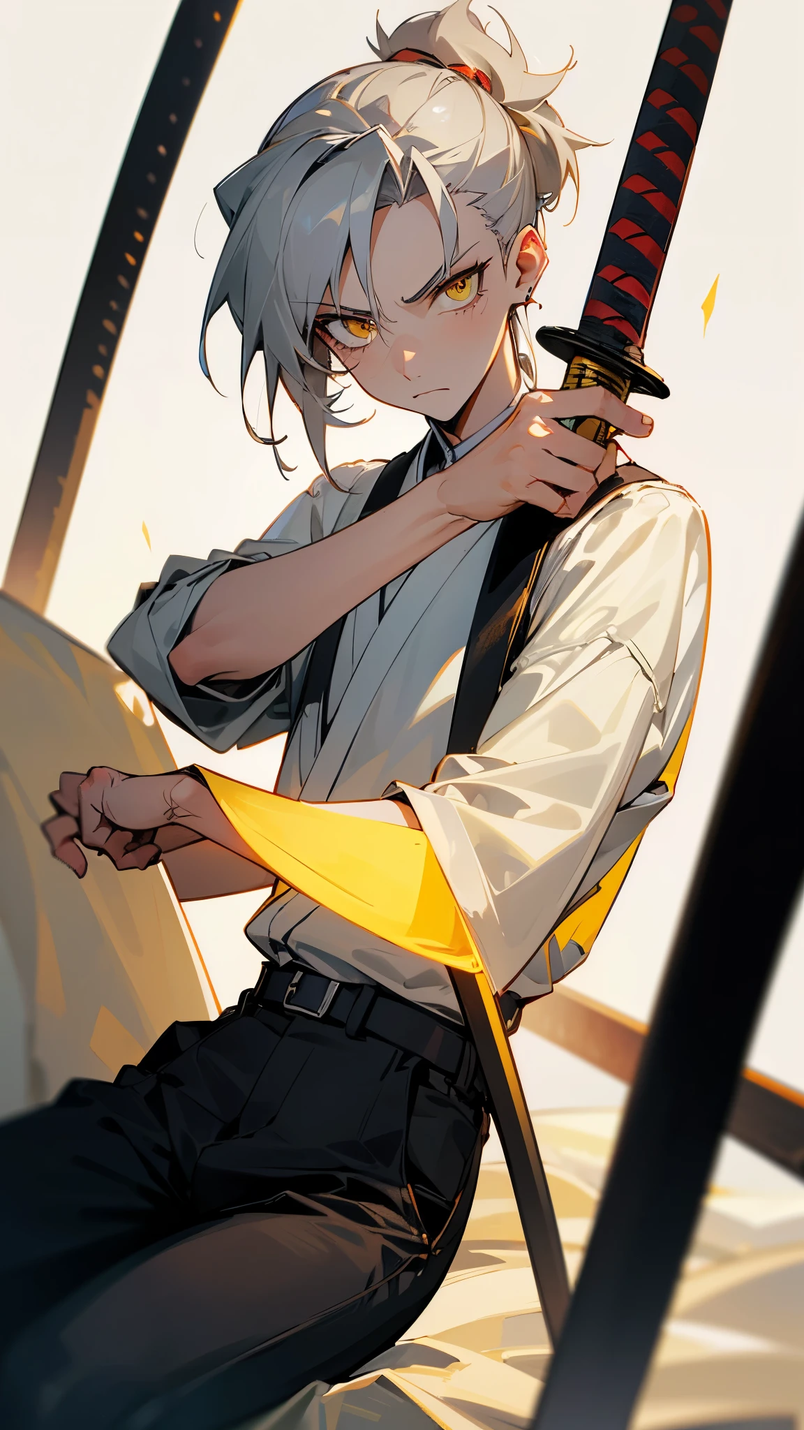 (work of art, best qualityer, face detailed, super verbose, Advanced details, highest quallity, high resolution, 8K) A cinematic scene of a white-skinned man, thin and poorly groomed beard, piercing eyes, gray hair shaved on the sides, yellow eye color, white peasant shirt, black pants, sit on a chair cleaning a katana with a cloth in your hands, dark secret room with torch lights in the background, serious expression and striking eyes looking at the sword in hands. Leave anatomical model the same as Musachi Miyamoto from obmanga "Vagabound".