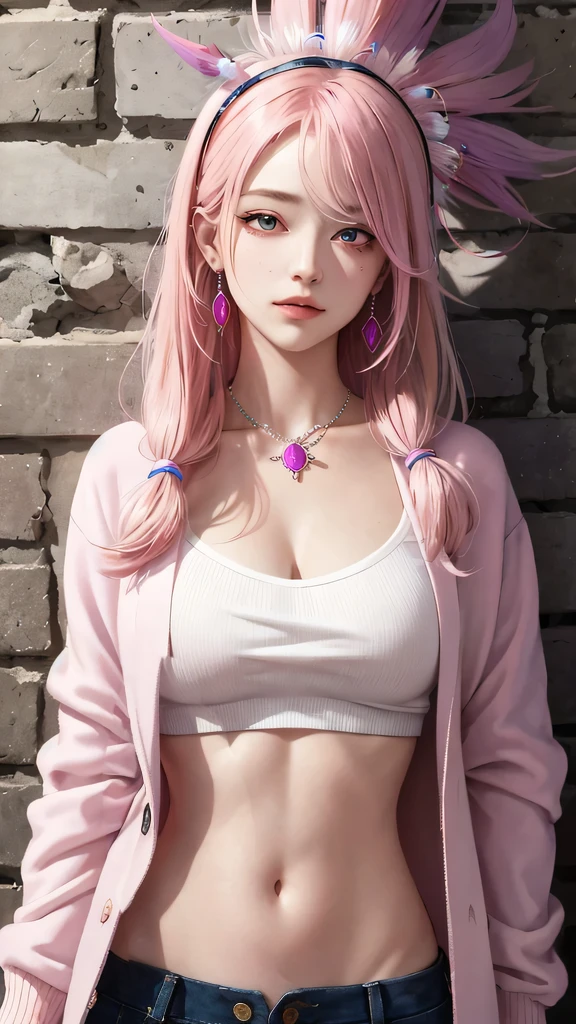 (masterpiece, best quality, 1 Girl, Solitary, Intricate details, Chromatic Aberration), Practical, ((Moderate breathing)),Long hair, Pink Hair, Red headdress, Pink highlights, Hair covering one eye,Purple Eyes, earrings, Sharp eyes, Necklace, Neon shirt, Cardigan jacket, Top of crop, (Symmetrical eyes),(Perfectly symmetrical body),Against the wall, Brick Wall, Graffiti, Dim Lights, alley ,Look at the audience