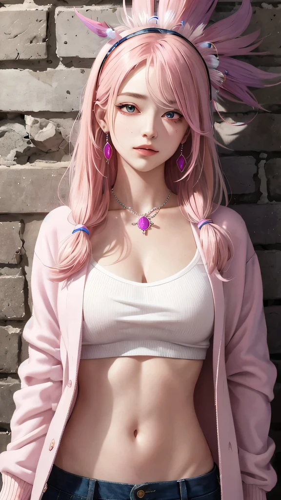 (masterpiece, best quality, 1 Girl, Solitary, Intricate details, Chromatic Aberration), Practical, ((Moderate breathing)),Long hair, Pink Hair, Red headdress, Pink highlights, Hair covering one eye,Purple Eyes, earrings, Sharp eyes, Necklace, Neon shirt, Cardigan jacket, Top of crop, (Symmetrical eyes),(Perfectly symmetrical body),Against the wall, Brick Wall, Graffiti, Dim Lights, alley ,Look at the audience