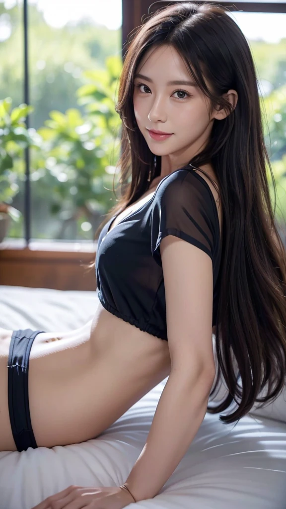 A girl in a garden, 1 girl, solo, long hair, looking at viewer, smile, (wearing sheer shirt), ((lying on her stomach)), bikini, indoors, black eyes, small breasts, bed, blue shirt, bikini bottom only, lie on bed, from side, bashful, small breasts, bikini, extremely detailed eyes and face, longeyelashes, highly detailed, 16k, ultra-detailed, high resolution, photorealistic, sharp focus, physically-based rendering, vivid colors, studio lighting, from the side,