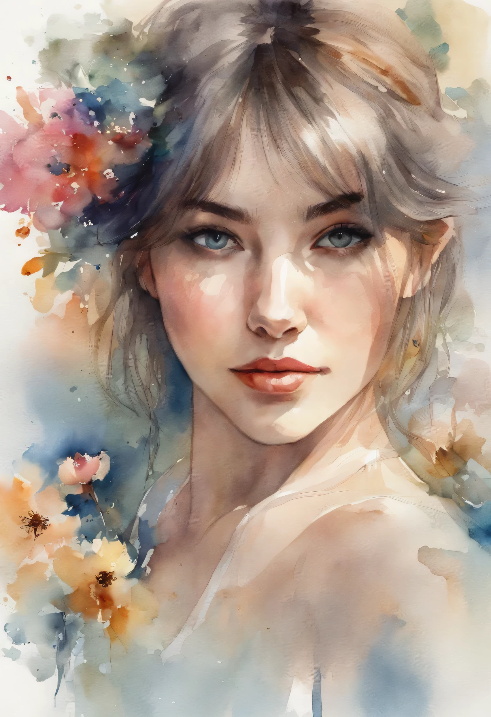 (Masterpiece), (best quality), (Very detailed),(messy hair),(illustration), (1 girl), (fashion clothes), stand, fashion model, look at viewer, (interview), (พื้นหลังที่smoothง่าย),Beautifully detailed eyes, delicate beautiful face, floating,(high saturation),(colorful splashes),colorful bubbles,(shine), Focus on the face,  ponytail, Kamisato Ayaka, light blue hair, smooth, hair ring, floating flowers, Floating feathers, (shine), best light, best shadow,