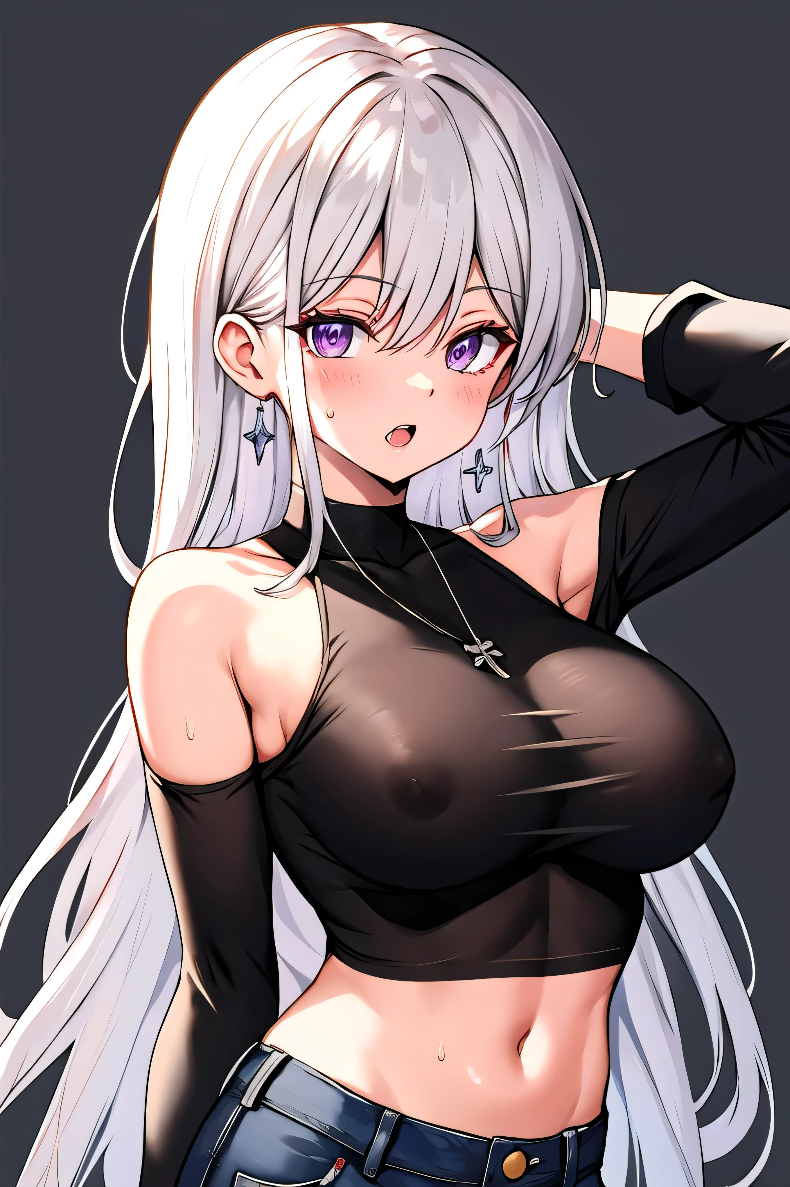 enterprise_(azur_lane) 1girl :o alternate_costume arm_behind_head bare_shoulders black_shirt blush denim grey_hair gyaru hand_in_own_hair jeans large_breastsair long_sleeves looking_at_viewer navel open_mouth pants purple_eyes shirt simple_background solo sweat sweatdrop upper_body white_background, highres, absurdres, incredibly absurdres, lowres