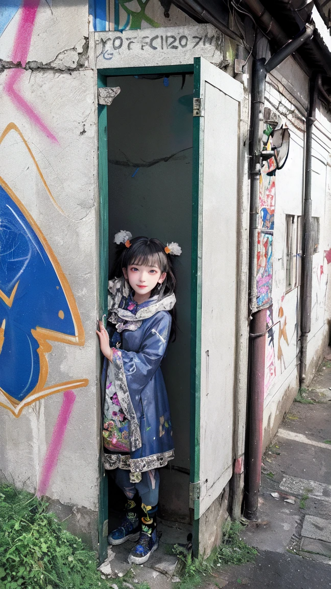(highest quality), masterpiece, Extremely detailed CG8K illustration painting, high collar, Extremely high collar saturation, all colors become darker, painting, graffiti art, center composition, Highly detailed light and shadow, graffiti wall, the walls are painted in bright colors, One girl's graffiti One girl is looking at the wall, The face and eyes are very detailed., medium length hair, Transparent sportswear, colorful clouds、open sportswear、
