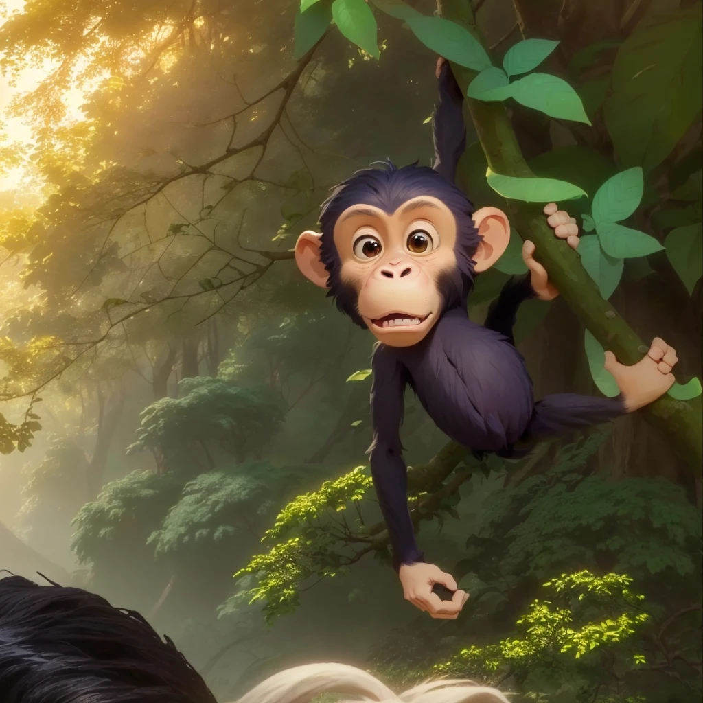 there is a cartoon monkey hanging from a tree branch , animated movie still, adorable digital painting, animated film, animated movie scene, humanoid monkey fantasy race, 3 d animated movie, cyber monkey in the scifi forest, disney's tarzan, apes hanging from vines, animated movie, background artwork, in style of disney animation, tarzan