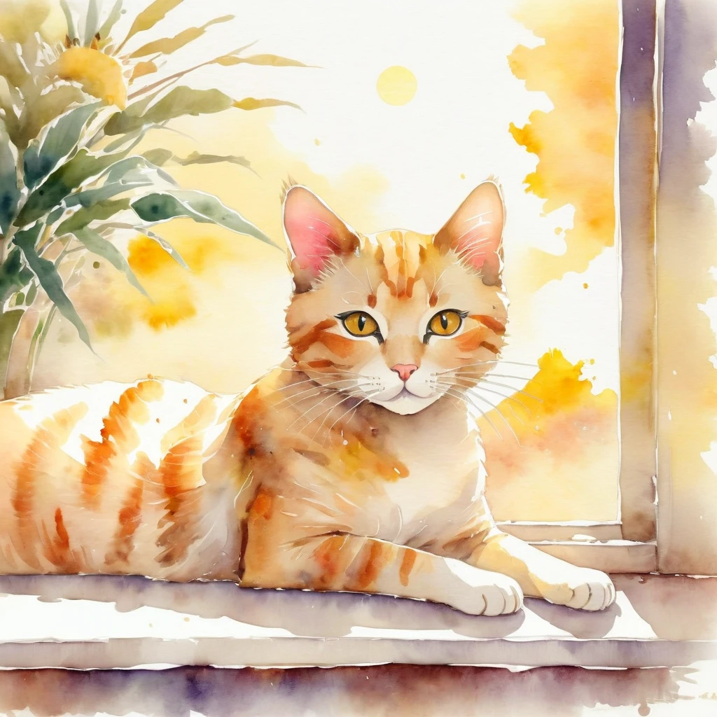 A cute cat lies quietly by the window,The sun shines on it,Show a sense of tranquility and serenity。Soft warm colors,Such as light yellow or beige,Creates a warm and peaceful atmosphere, 詳細的Watercolor art, 數位watercolor painting, Watercolor illustration, Watercolor illustration style, watercolor painting, Watercolor art, Digital watercolor, Digital watercolor, Watercolor style, Artistic style watercolor, Beautiful artwork, watercolor painting, watercolor painting風格, water painting art, Beautiful digital illustrations, Watercolor effect