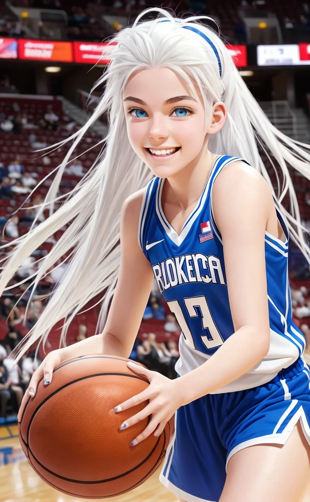 Basketball player, 16 year old girl with white hair, white skin and blue eyes, smiling