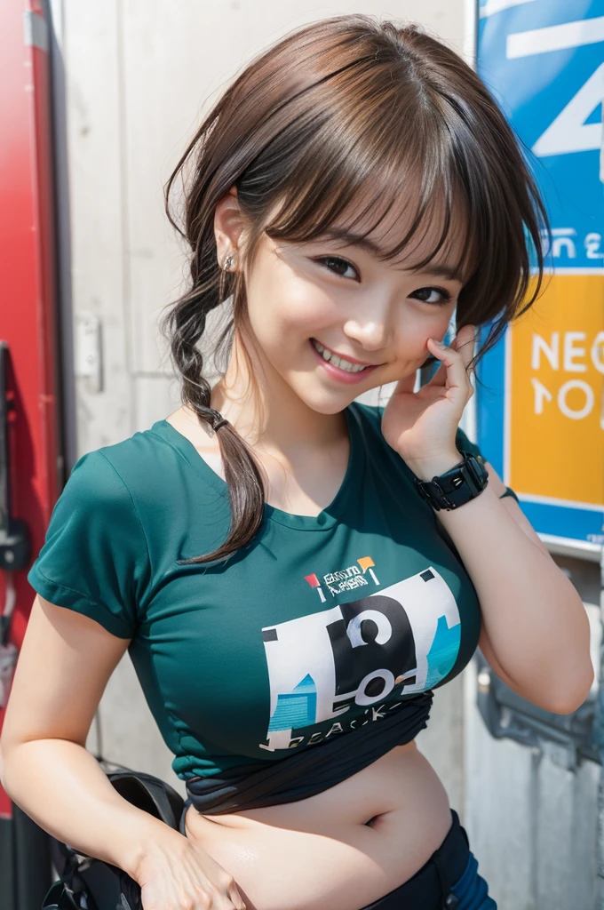 (8K、Raw photography、Highest quality、masterpiece:1.2),(Black Hair、Dark Eyes:1.9),(:1.6)、View your audience,Viewed from the front,White skin,(Braided Ponytail:1.4)、(Tight waist:1.6)、(Clothes that accentuate the shape of the breasts:1.0)、(Big Breasts :1.3)、Slim figure、Ultra-high resolution,beautiful,beautiful fece,(One person、No background:1.9),whole bodyボディー,Japanese women,(reality的:1.37)、Photon Mapping,reality、(Baby-faced and cute: 1.4)、(Cute Smile: 1.8)、(Round face: 1.8)、Radio City、Physically Based Rendering、Depth of field rally background、photograph, (I can see your knees、Thigh close-up:1.8),(:1.6),whole body、Great quality