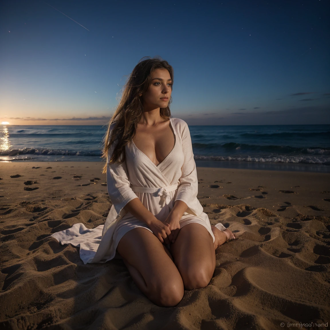 Lucie en robe assis dans le sable la nuit devant la mer, large poitrine