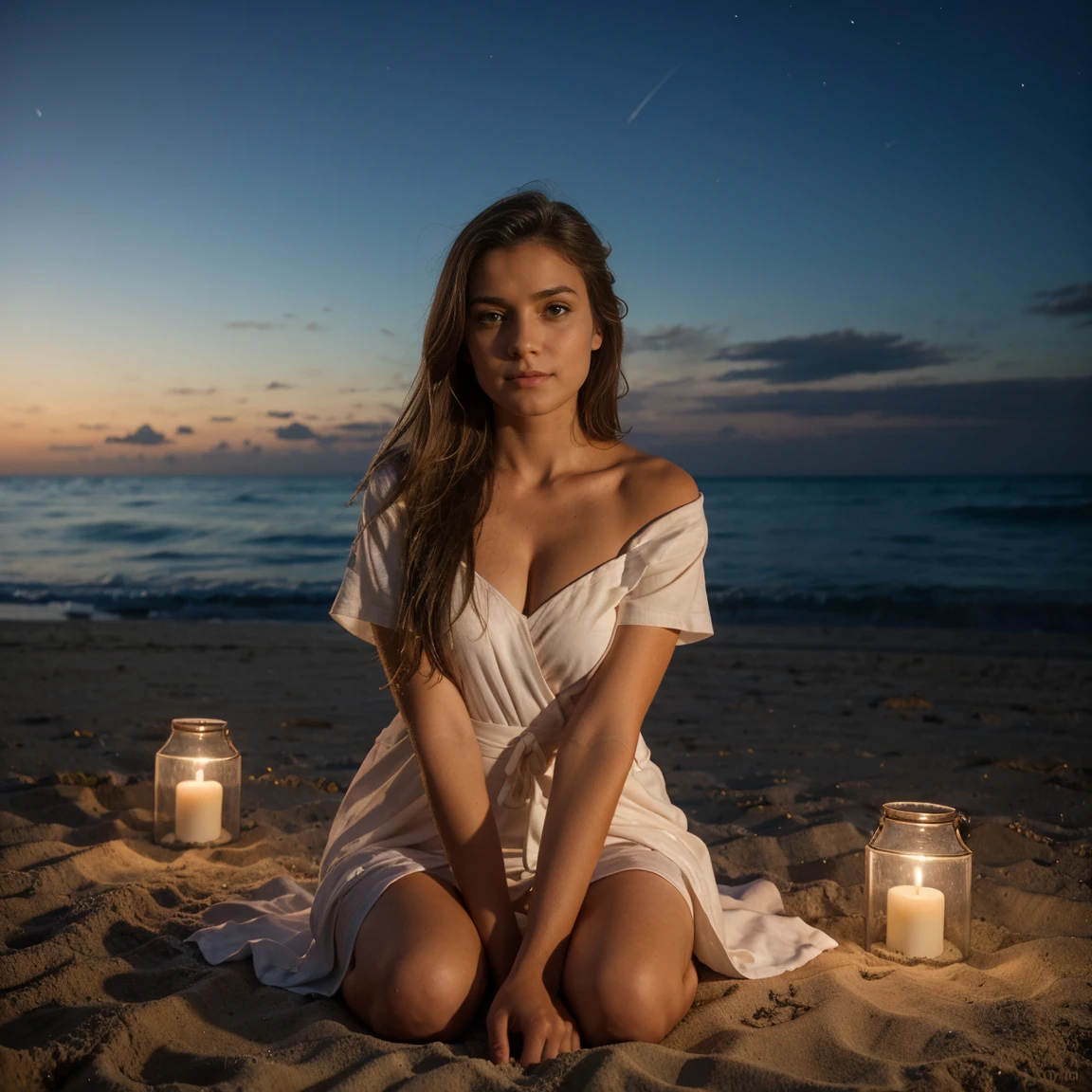 Lucie en robe assis dans le sable la nuit devant la mer, large poitrine