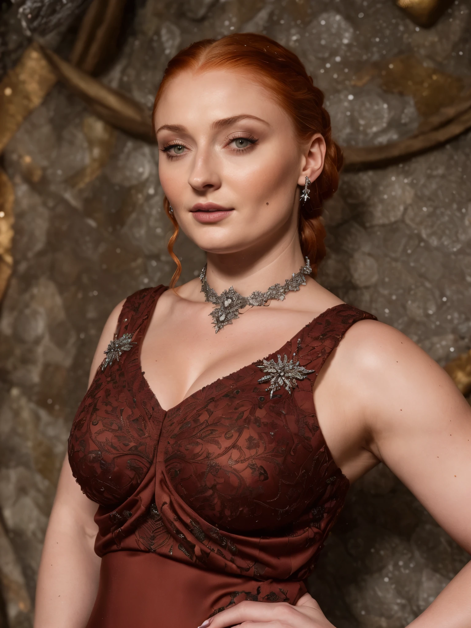 Face of Sophie Turner, Sansa Stark played by Sophie Turner, the de facto Lady of the Eyrie, is a 45-year-old mature queen with a stunning, alluring appearance. Full Face, Full figured woman, heavy physique, thick thighs, pierced eyes, reddish lips, upper body shot, erotic Mediaeval costumes, game of thrones costumes, She wears a Game of Thrones-inspired costume and has a deep cleavage, a perfect thick body, and a perfect thick figure. The photograph captures her in a close-up, with her skin texture and facial features being ultra-realistic and realistic. Juicy thick figure, high quality skin, Skin pores, amazing details, snow, snow flakes, semi realistic, extremely detailed eyes, dark moody orange and black settings, cool environment, artificial intelligence, winter, winter scene, insane details,