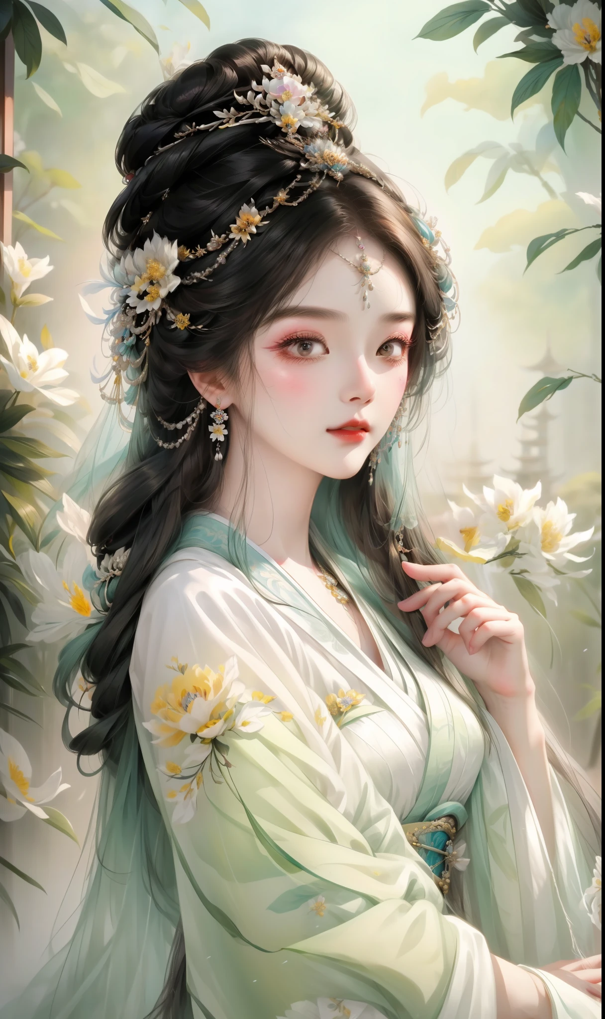Close-up of woman with flowers in hair, Beautiful fantasy queen, ((Beautiful fantasy queen)), ancient Chinese Princess, Beautiful character painting, palace ， Girl wearing Hanfu, Inspired by Qiu Ying, Inspired by Lan Ying, Chinese Princess, Chinese Empress, Asian Dynasty Princess, Chinese Beauty, Chinese Art Style