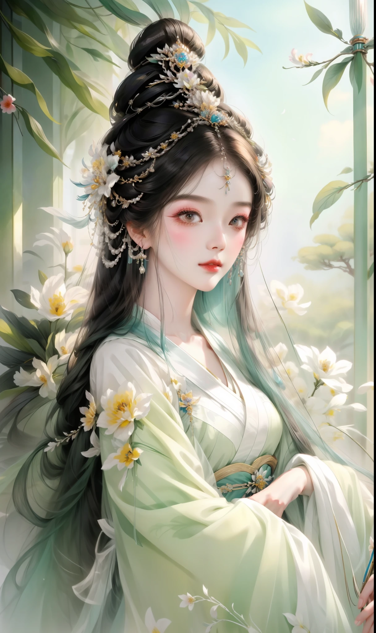 Close-up of woman with flowers in hair, Beautiful fantasy queen, ((Beautiful fantasy queen)), ancient Chinese Princess, Beautiful character painting, palace ， Girl wearing Hanfu, Inspired by Qiu Ying, Inspired by Lan Ying, Chinese Princess, Chinese Empress, Asian Dynasty Princess, Chinese Beauty, Chinese Art Style