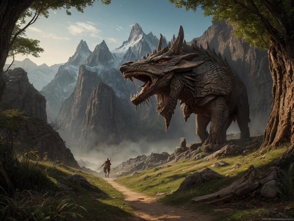 inspiré de Tolkien,À la manière de John Howe,detailed fantasy landscape,enchanted forests,majestic mountains,epic battles,dangerous dungeons,magical creatures,highly detailed armor,best quality,4k,8k,highres,masterpiece:1.2,ultra-detailed,realistic,photorealistic,photo-realistic:1.37,HDR,UHD,studio lighting,ultra-fine painting,sharp focus,physically-based rendering,extreme detail description,professional,vivid colors,bokeh,fantasy art