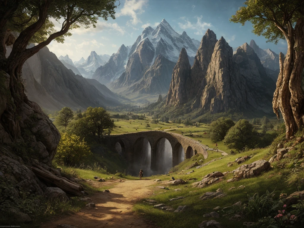 inspiré de Tolkien,À la manière de John Howe,detailed fantasy landscape,enchanted forests,majestic mountains,epic battles,dangerous dungeons,magical creatures,highly detailed armor,best quality,4k,8k,highres,masterpiece:1.2,ultra-detailed,realistic,photorealistic,photo-realistic:1.37,HDR,UHD,studio lighting,ultra-fine painting,sharp focus,physically-based rendering,extreme detail description,professional,vivid colors,bokeh,fantasy art