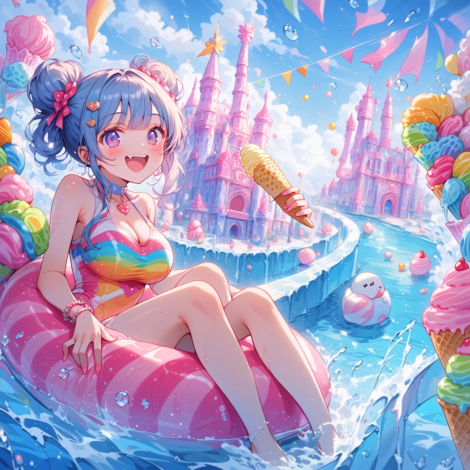 score_9, score_8_up, score_7_up, source_anime,masterpiece, best quality, high resolution, extremely detailed CG, absurdres, highres, A dreamy water park, all the buildings are made of ice-cream, ice cream castle, colorful, girl in swimsuit is sliding down the water slide, happy, neondskdrmsxl, babycreamxl