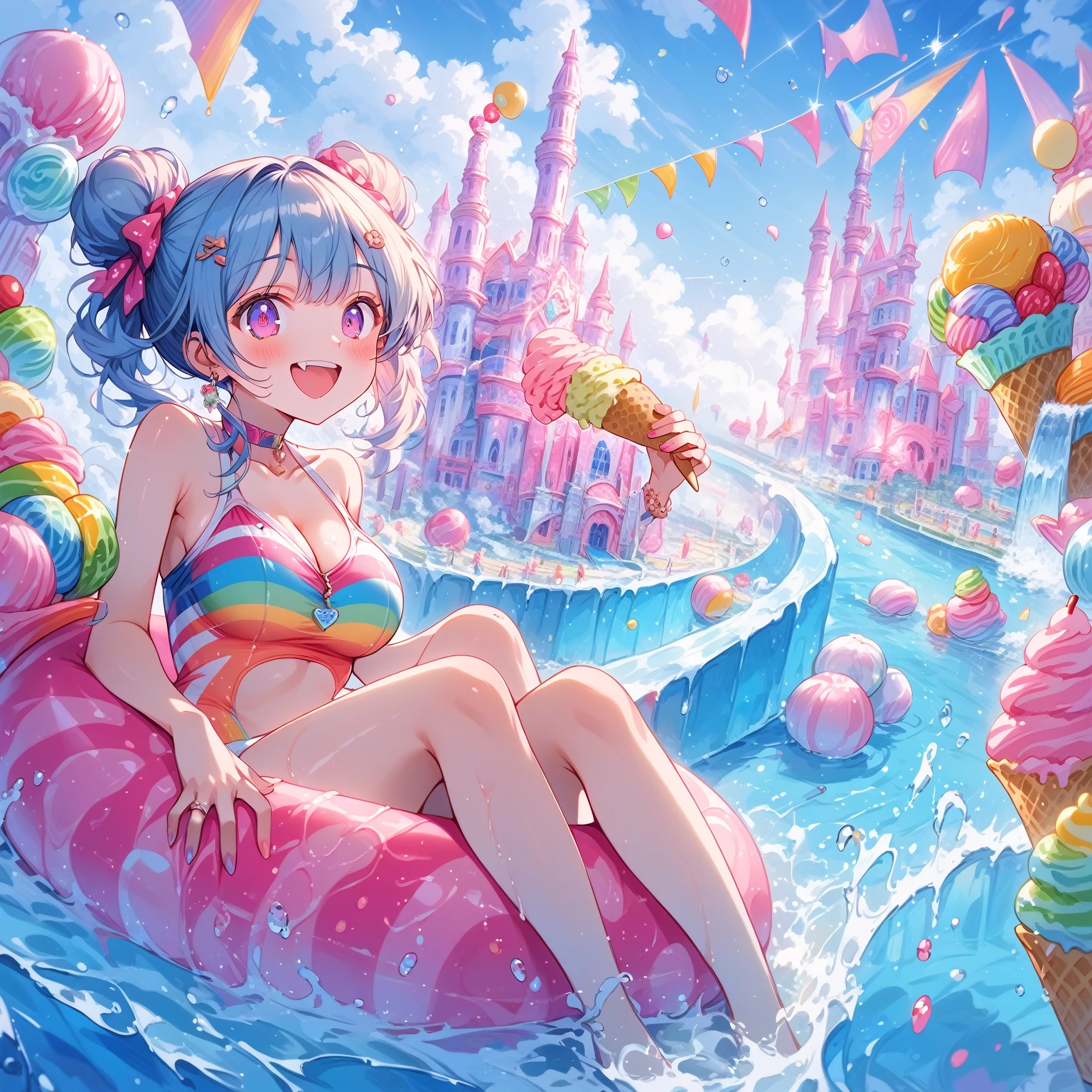 score_9, score_8_up, score_7_up, source_anime,masterpiece, best quality, high resolution, extremely detailed CG, absurdres, highres, A dreamy water park, all the buildings are made of ice-cream, ice cream castle, colorful, girl in swimsuit is sliding down the water slide, happy, neondskdrmsxl, babycreamxl