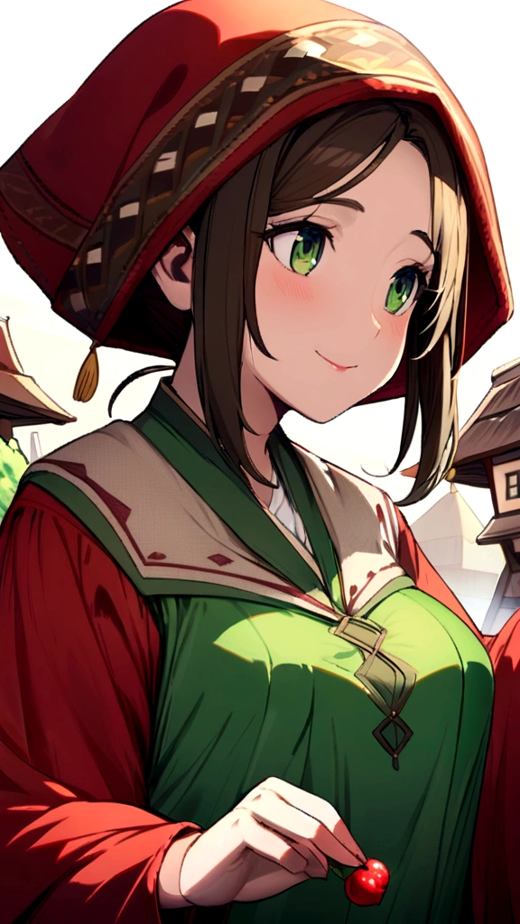 good quality:1.2), (Ultradetailed:1.2), (ultradetailed face:1.2), (ultradetailed body:1.2) In the quaint village, Elara, a human woman with long, wavy brown hair and green eyes, shares her gathered berries with a young , her warm expression radiating kindness. She wears simple, earth-toned clothing reflecting her humble lifestyle."