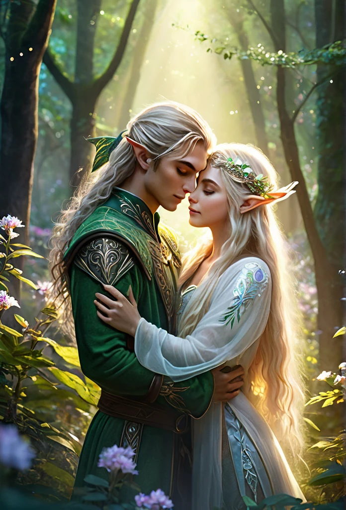 a couple of elves((a boy and a girl)),(beautiful black gir,long curly hair),(handsome blond guy)(elf ears),hugging each other,in a extremely beautiful forest, sparkling flowers, beautiful light ray,light mist background around the couple,delicate, inocente,hiper detailed elf clothes. (high quality),(fantasy illustration),(art work),(refined details)