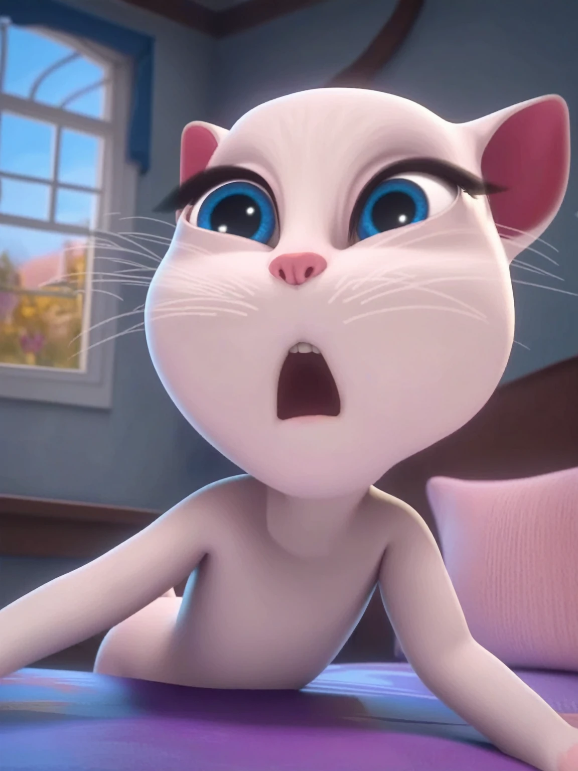 ,solo focus, a_la, 1girl, cat, white fur, long whiskers on both sides of the face, big bright blue eyes, big black eyelashes, small pink nose, triangular ears with pink ducts, has tights, penis rapes, pulls, orgasms, lies on the bed , naked ass