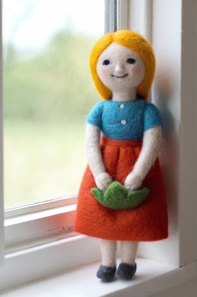 Wool Felt doll, Felt, wool Felt, , A detailed depiction of a mother taking a break in the kitchen, Window Sunny day, Happy, smile,