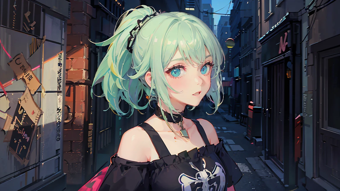 pretty anime girl, 16k quality, masterpiece, ((hyper detail background, delicate pattern, intricate detail)), best quality, intricate detail, chromatic aberration, 1 girl, splashed paint, short hair, lime color hair, messy hair, ponytail hairstyle, lime highlights, green eyes, sharp eyes, extremely detailed face, extremely detailed eyes and face, beautiful detail eyes, chokes, brick walls, graffiti, dim lights, alley, oversized shirt, paint on shirt, off shoulder, sheer purple shirt, masterpiece, best quality, extremely detail shadow quality, advance for background and shadows quality, all body, wear a glass, colorful, all body.