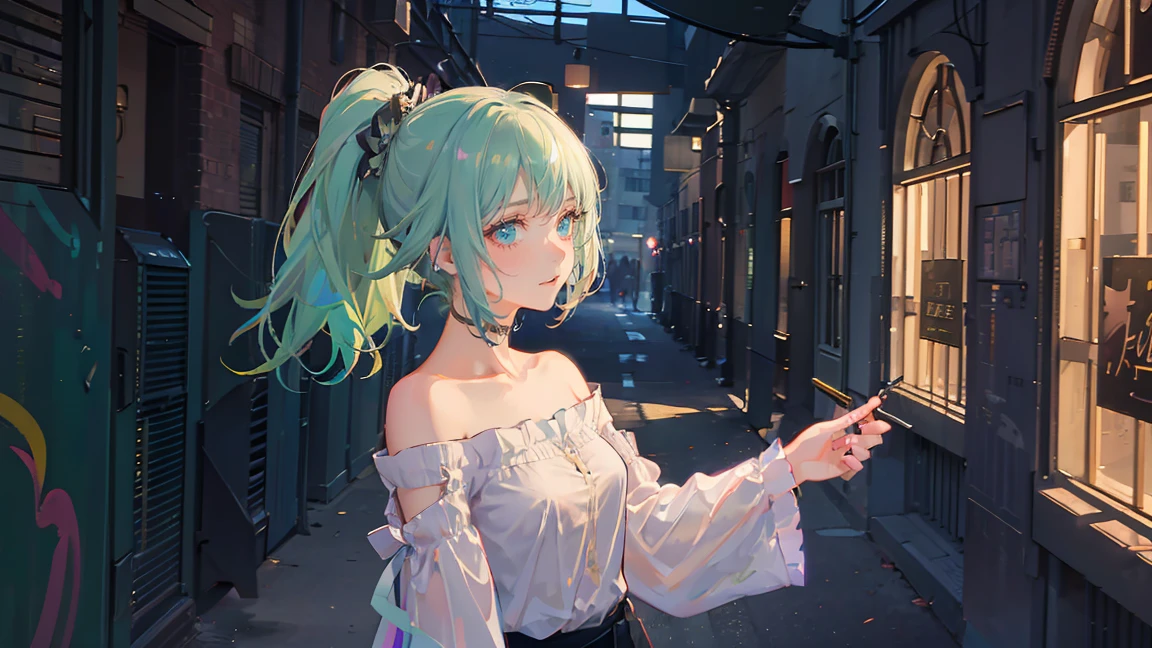 pretty anime girl, 16k quality, masterpiece, ((hyper detail background, delicate pattern, intricate detail)), best quality, intricate detail, chromatic aberration, 1 girl, splashed paint, short hair, lime color hair, messy hair, ponytail hairstyle, lime highlights, green eyes, sharp eyes, extremely detailed face, extremely detailed eyes and face, beautiful detail eyes, chokes, brick walls, graffiti, dim lights, alley, oversized shirt, paint on shirt, off shoulder, sheer purple shirt, masterpiece, best quality, extremely detail shadow quality, advance for background and shadows quality, all body, wear a glass, colorful, all body.