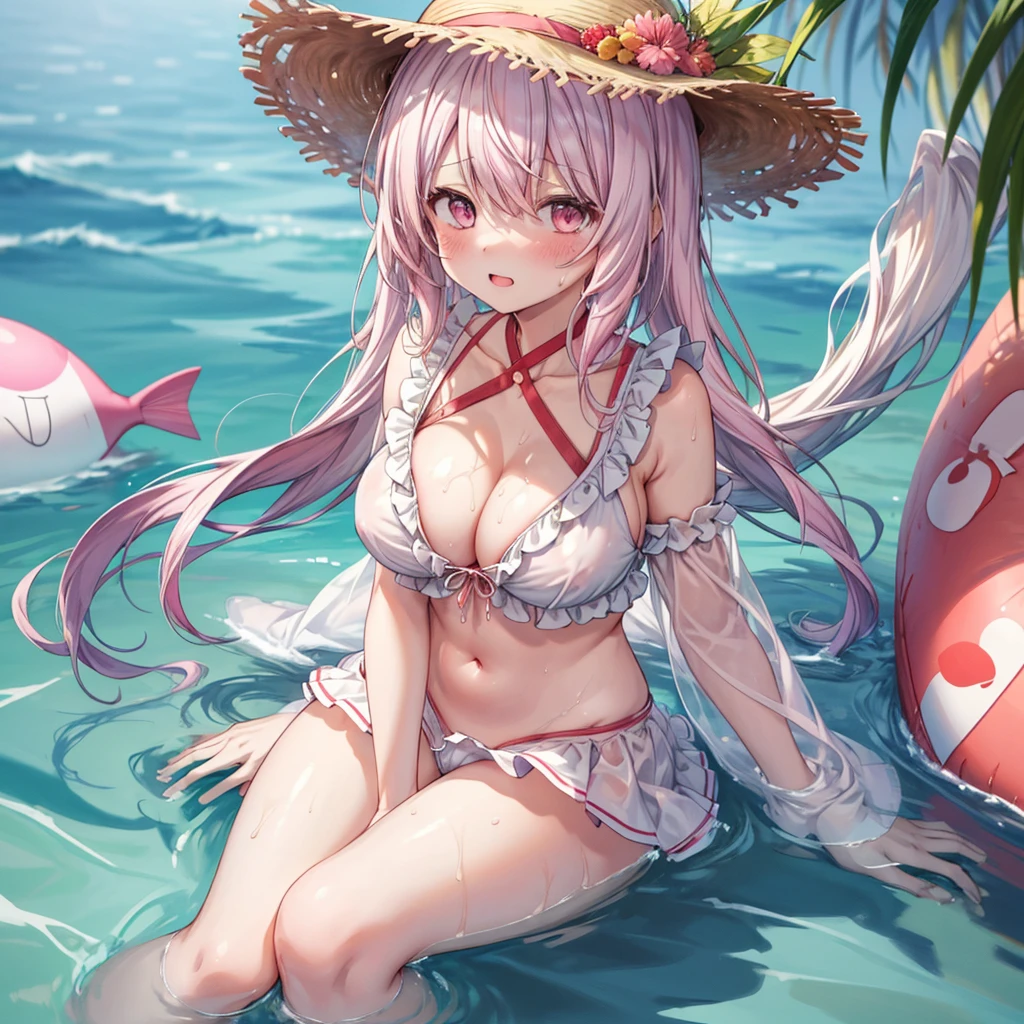 ((Highest quality)), ((masterpiece)), (detailed), (nsfw), the female cartoon character dressed in sexy clothing sits in the water and fishes, 1girl, shiina yuika, swimsuit, breasts, 比基尼, 独奏, hat, pink hair, straw hat, cleavage, navel, water, large breasts, looking at viewer, bangs, frills, frilled 比基尼, Virtual Youtuber, sitting, pink 比基尼, long hair large breasts, (wet), sweat, girl trembling with sexual climax, cum in pussy