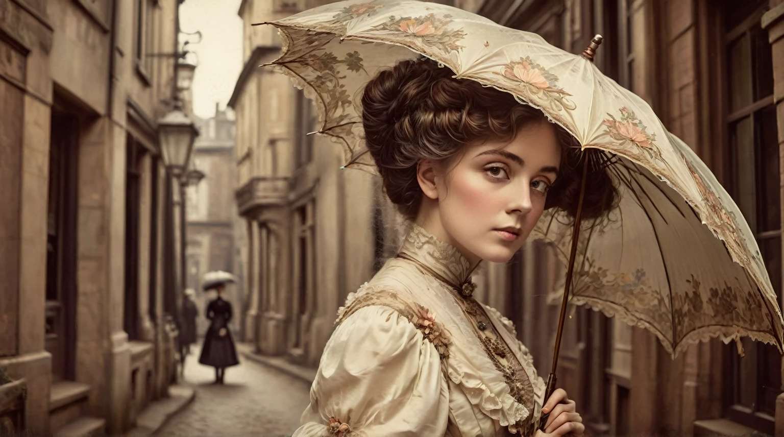 there is a woman with an umbrella standing in a street, a beautiful victorian woman, victorian lady, victorian style costume, art nouveau fashion photography, young victorian sad fancy lady, victorian style, victorian age, victorian inspired clothing, 1 8 8 0 s style, in a high renaissance style, retro vintage and romanticism, standing with a parasol