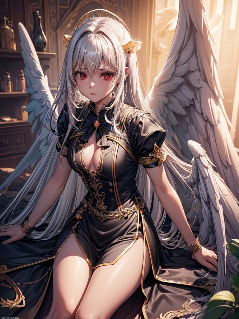 ((best quality)),(Ultra-high resolution),(Super detailed),(Detailed description),((Best CG))(Fantasy art with precise details:1.5), Black Hair,European classical long dress,(1 Female Angel:1.6),Angel Wings,side,Injuried,Blood,Fall,Serious expression,(((side抬头望向镜头)))