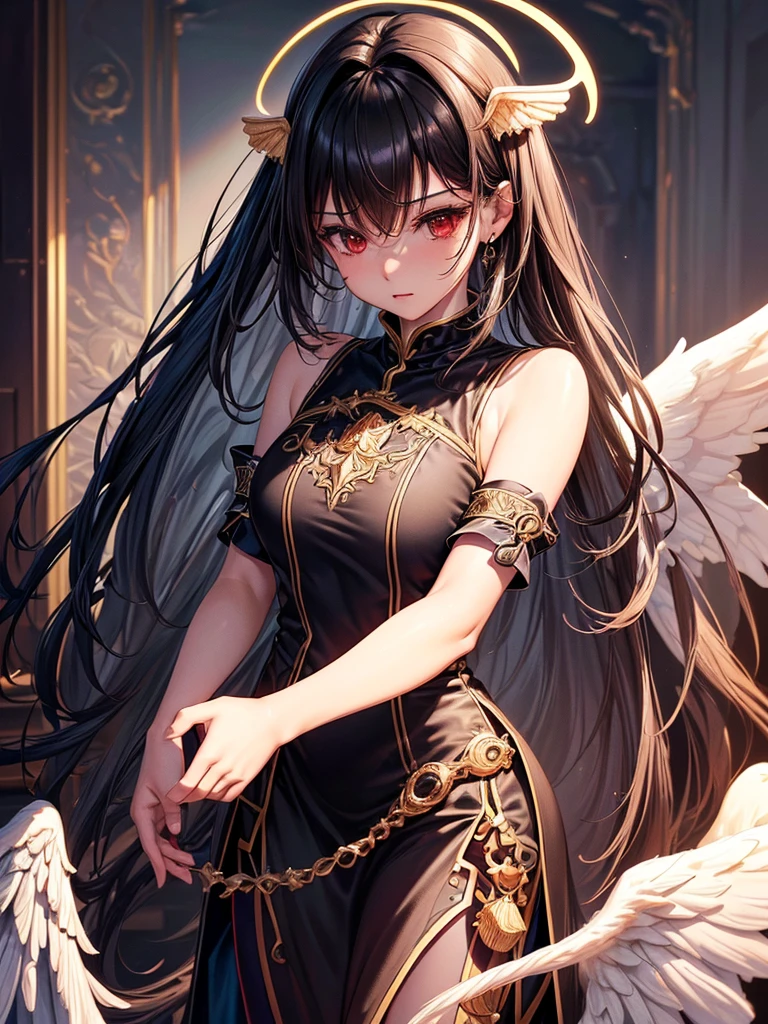 ((best quality)),(Ultra-high resolution),(Super detailed),(Detailed description),((Best CG))(Fantasy art with precise details:1.5), Black Hair，European classical long dress，(1 Female Angel:1.6),Angel Wings，side，Injuried，Blood，Fall，Serious expression，（(（side抬头望向镜头）)）