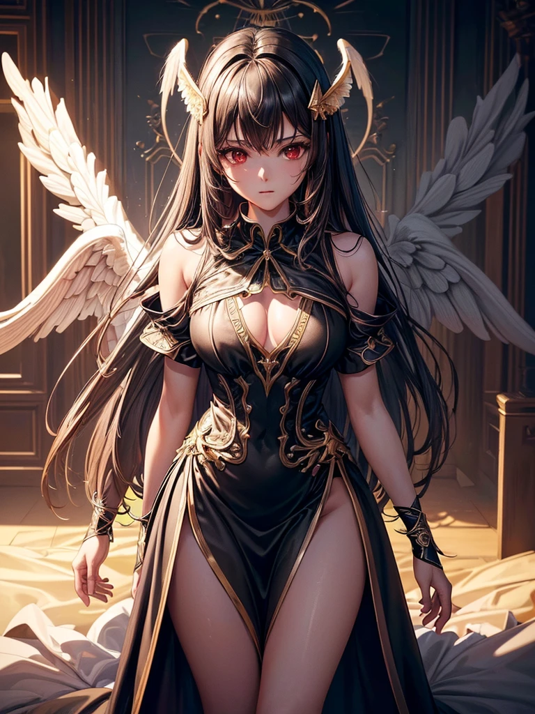 ((best quality)),(Ultra-high resolution),(Super detailed),(Detailed description),((Best CG))(Fantasy art with precise details:1.5), Black Hair，European classical long dress，(1 Female Angel:1.6),Angel Wings，side，Injuried，Blood，Fall，Serious expression，（(（side抬头望向镜头）)）