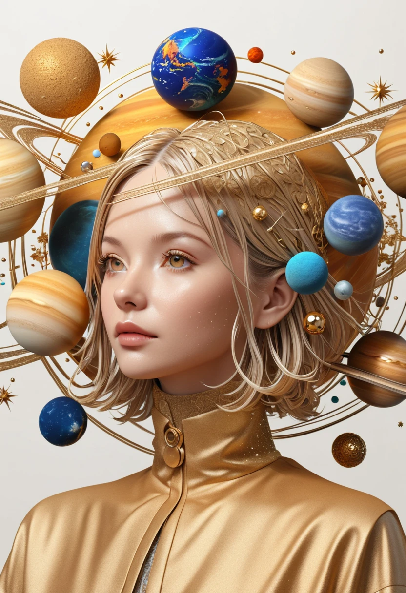 a highly detailed and intricate 3D portrait of a person, golden color, surrounded by many orbiting planets with complex planetary decorations, studio lighting, white background,Simple and clean