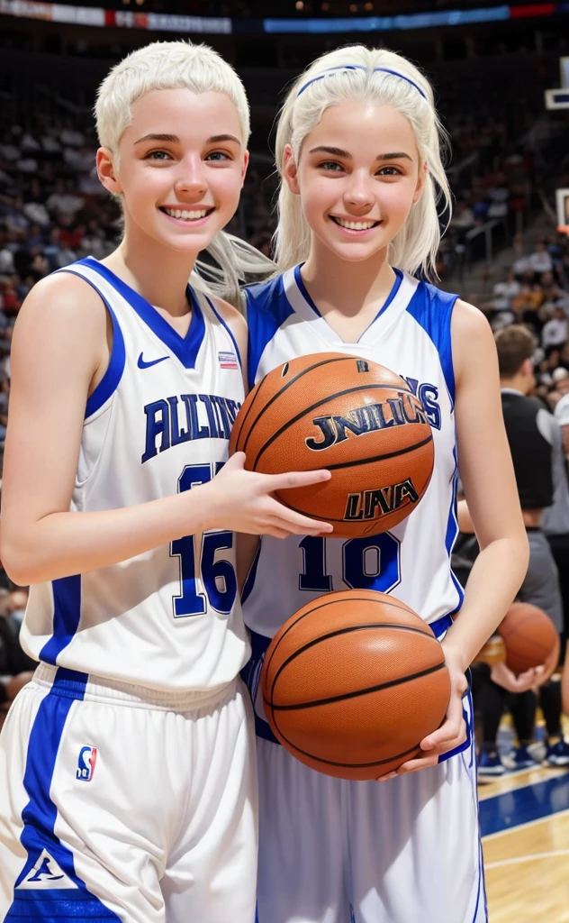 Basketball player, 16 year old girl with white hair, white skin and blue eyes, smiling