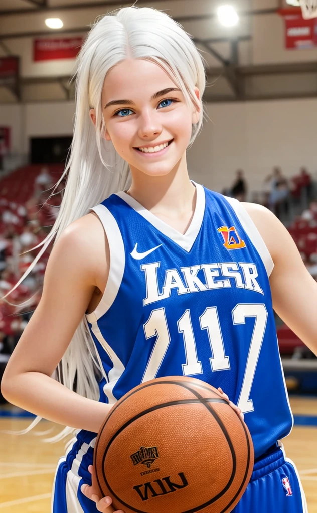 Basketball player,  16 year old girl with white hair, white skin and blue eyes, smiling 
