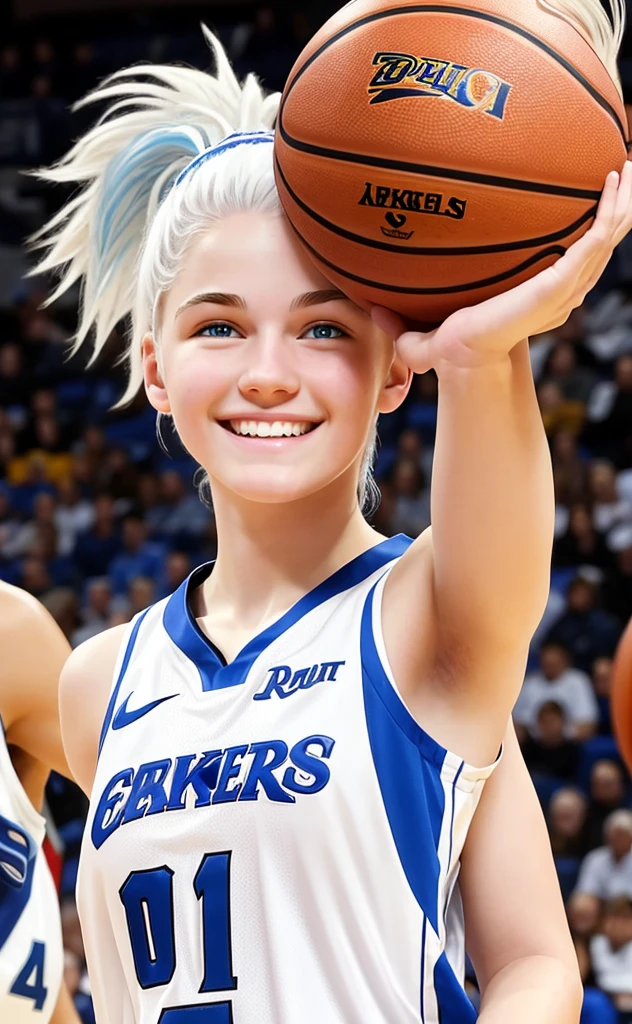 Basketball player, 16 year old girl with white hair, white skin and blue eyes, smiling