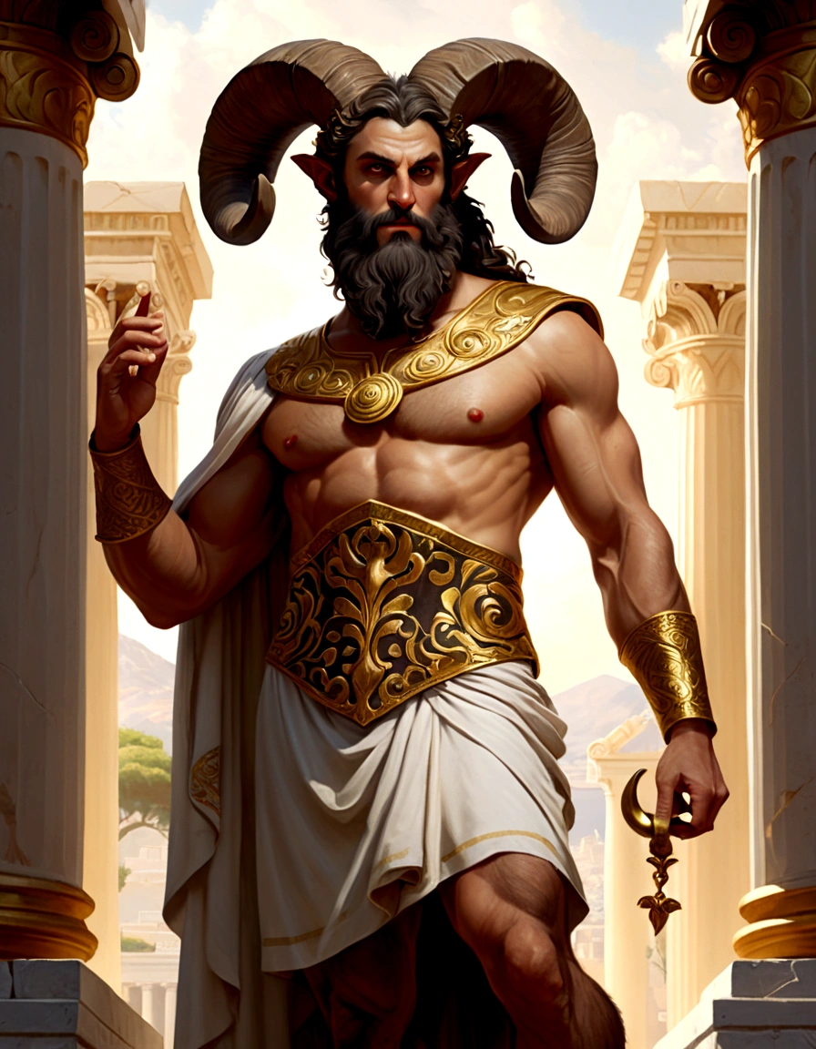 (best quality,4k,8k,highres,masterpiece:1.2),ultra-detailed,dnd character art, a satyr with a dark beard, goat horns, dressed like an Ancient Greek philosopher, Greek tunic with gold embroidery, tanding before a Greek temple, Greek mythology, satyr, faun, Renaissance art style, Renaissance painting