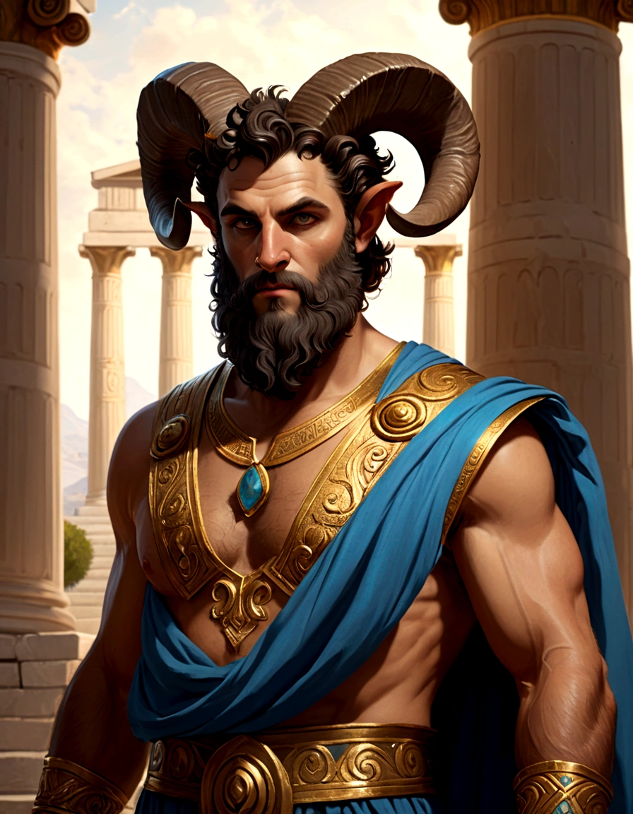 (best quality,4k,8k,highres,masterpiece:1.2),ultra-detailed,dnd character art, a satyr with a dark beard, goat horns, dressed like an Ancient Greek philosopher, Greek tunic with gold embroidery, tanding before a Greek temple, Greek mythology, satyr, faun, Renaissance art style, Renaissance painting